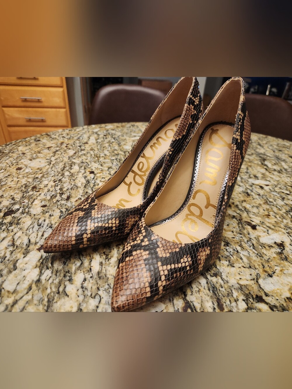 Sam Edelman Tan and Black Snakeskin Pointed-Toe Pumps, Size 7.5M